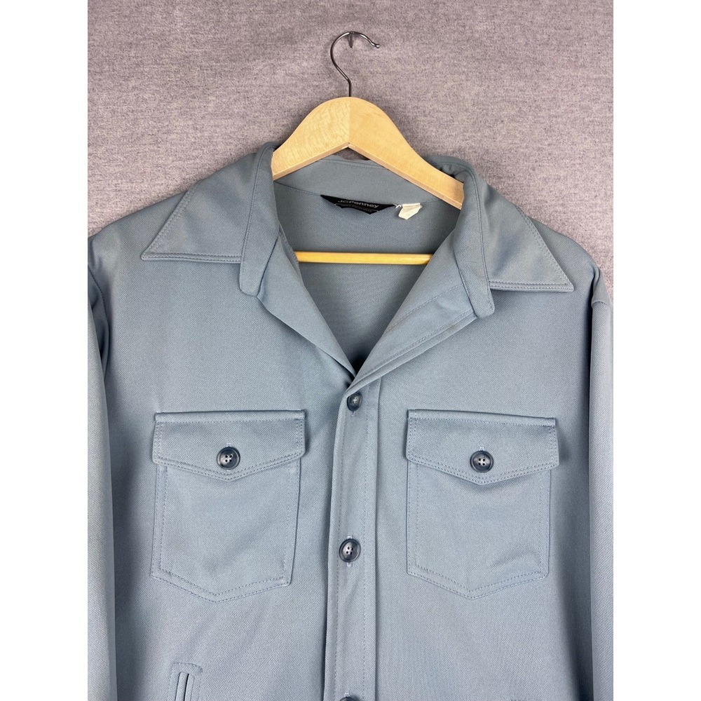Vintage JCPenney Mens Blue Gray Polyester Knit Button Up Shirt Jacket L 70s